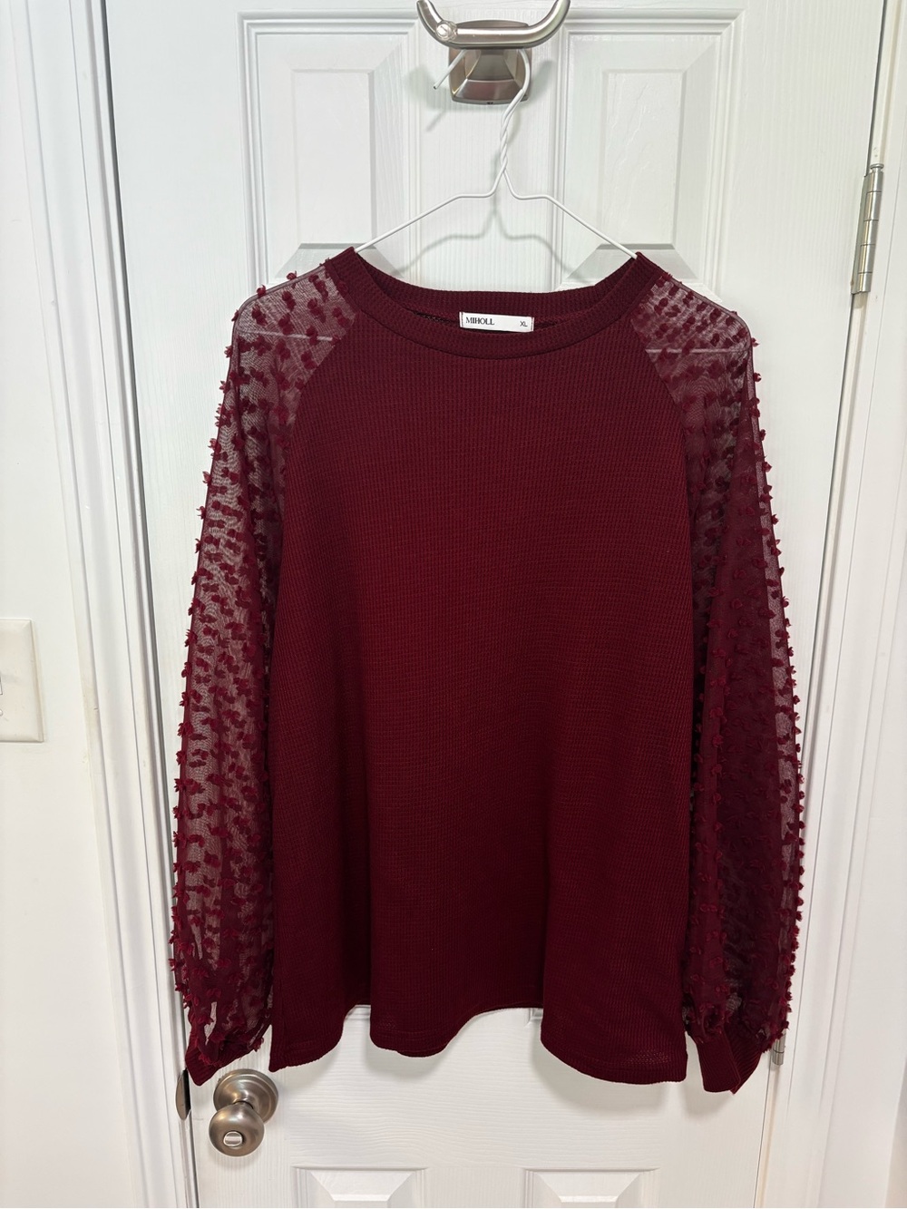 Mossoll Wine Knit Pullover with Sheer Pom-Pom Sleeves
